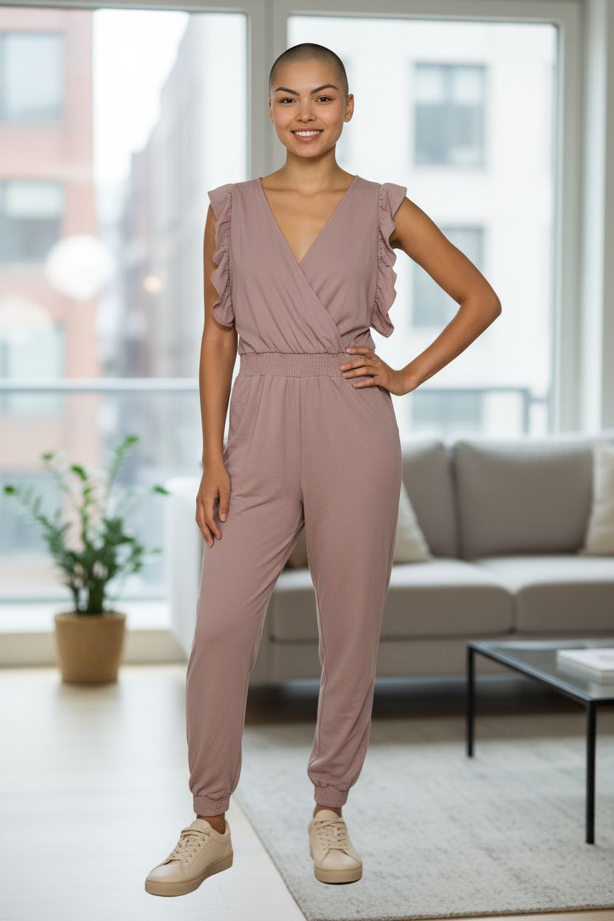 ELINGS Jumpsuit Womens Small Mauve Pink Surplice Ruffle V Neck Jogger Elastic